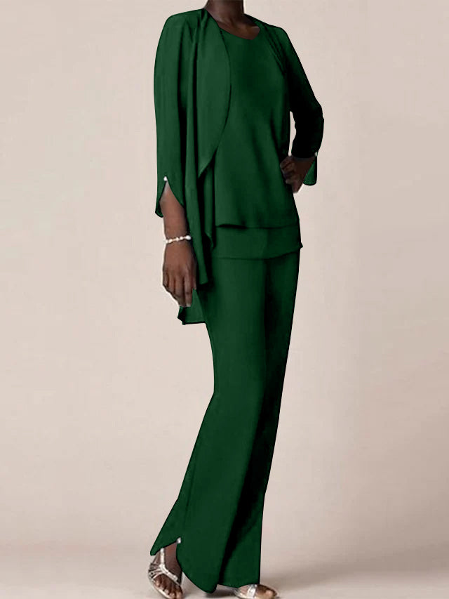 Floor-Length V-Neck Chiffon Pantsuit with Ruffles for the Mother of the Bride