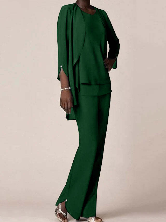 Floor-Length V-Neck Chiffon Pantsuit with Ruffles for the Mother of the Bride