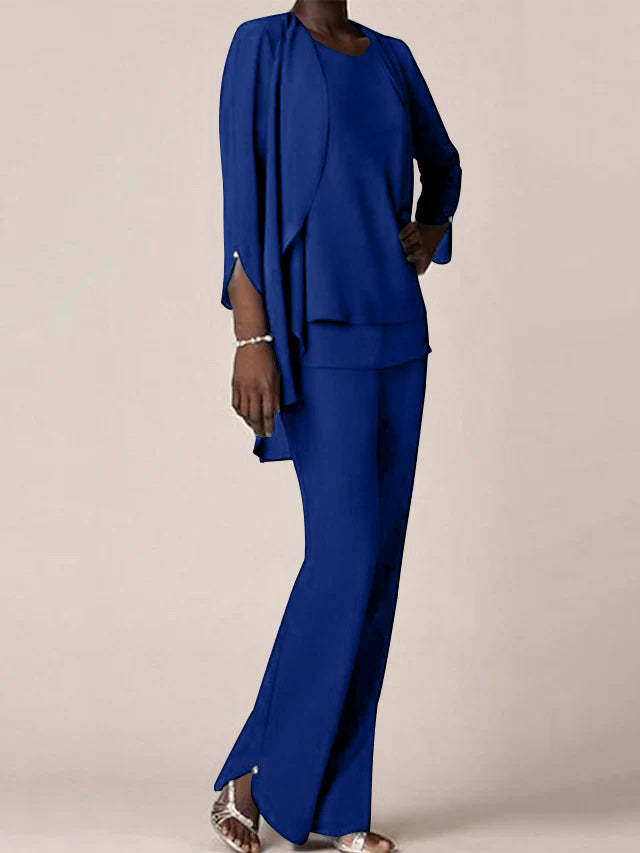 Floor-Length V-Neck Chiffon Pantsuit with Ruffles for the Mother of the Bride