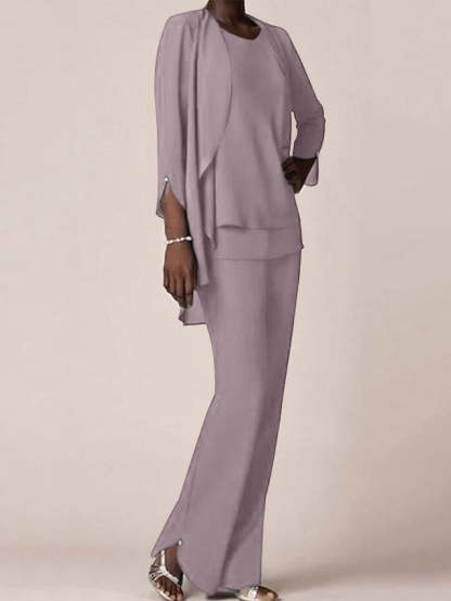 Floor-Length V-Neck Chiffon Pantsuit with Ruffles for the Mother of the Bride