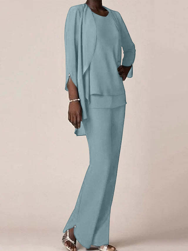 Floor-Length V-Neck Chiffon Pantsuit with Ruffles for the Mother of the Bride