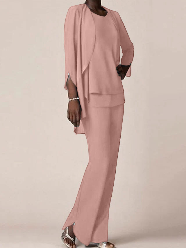 Floor-Length V-Neck Chiffon Pantsuit with Ruffles for the Mother of the Bride