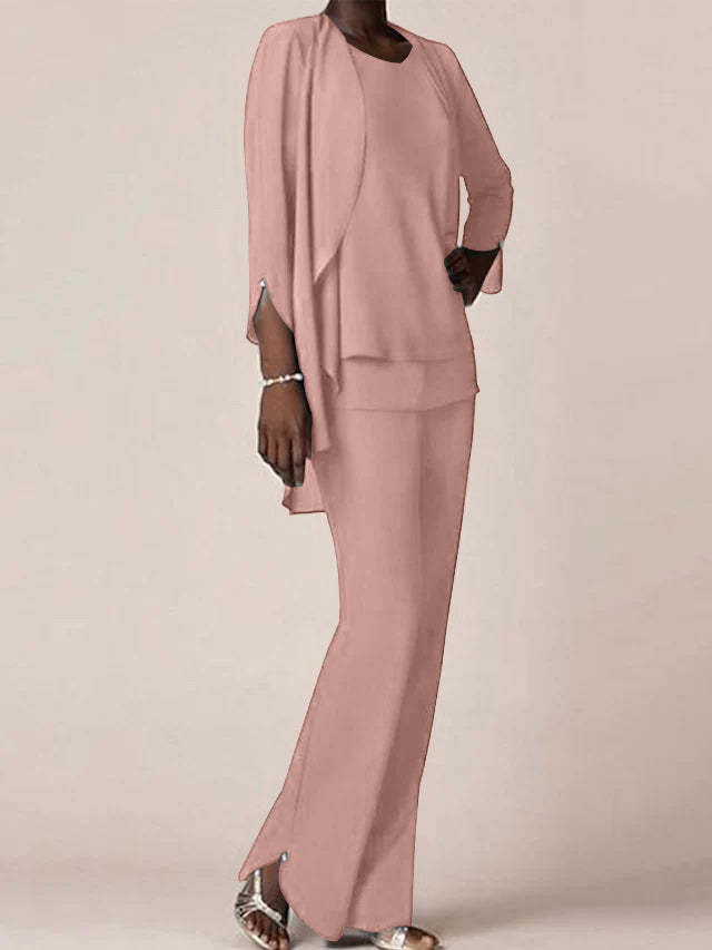 Floor-Length V-Neck Chiffon Pantsuit with Ruffles for the Mother of the Bride