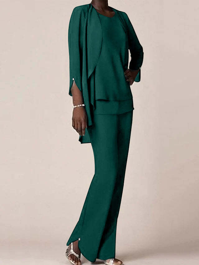 Floor-Length V-Neck Chiffon Pantsuit with Ruffles for the Mother of the Bride