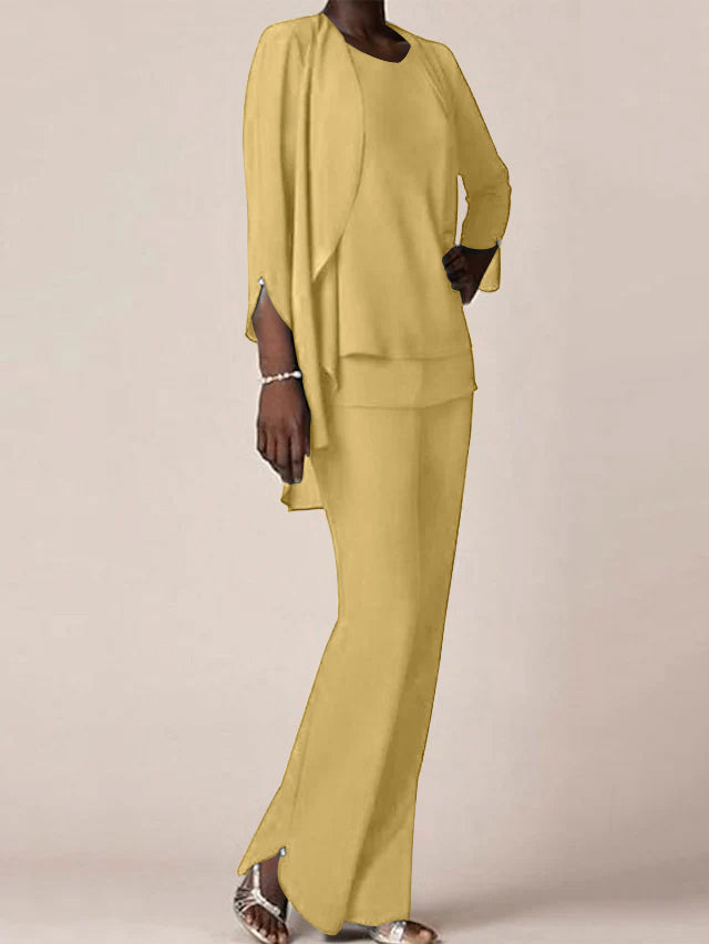 Floor-Length V-Neck Chiffon Pantsuit with Ruffles for the Mother of the Bride