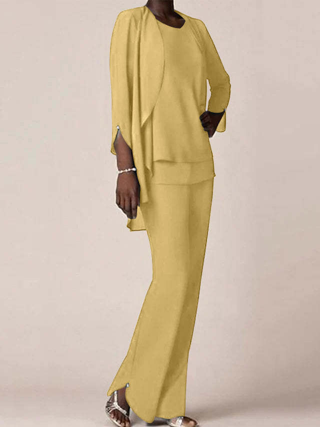 Floor-Length V-Neck Chiffon Pantsuit with Ruffles for the Mother of the Bride