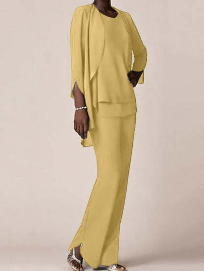 Floor-Length V-Neck Chiffon Pantsuit with Ruffles for the Mother of the Bride