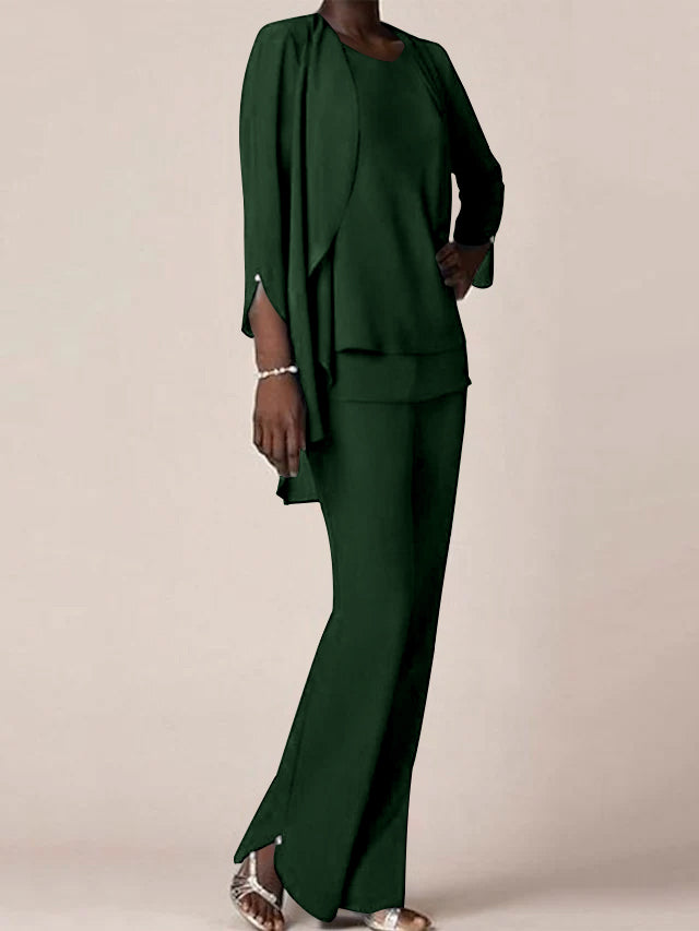 Floor-Length V-Neck Chiffon Pantsuit with Ruffles for the Mother of the Bride