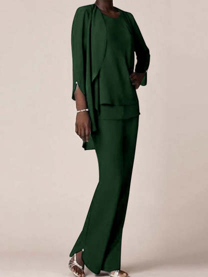 Floor-Length V-Neck Chiffon Pantsuit with Ruffles for the Mother of the Bride