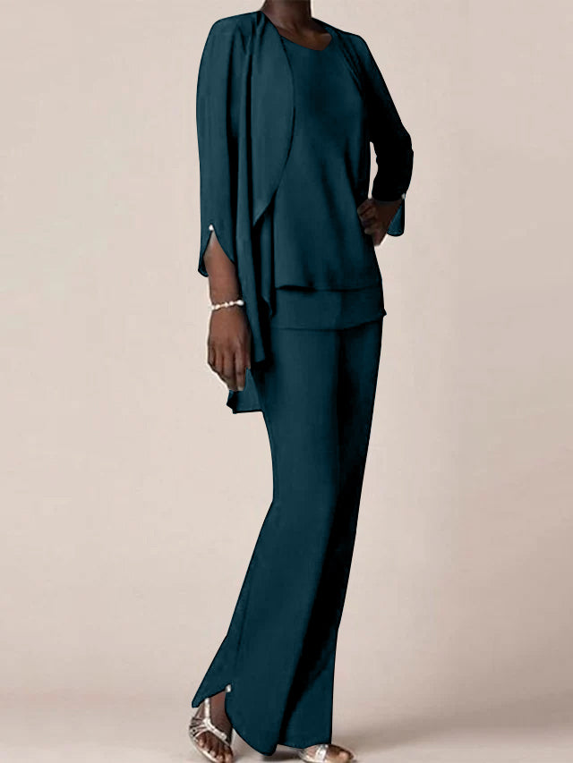 Floor-Length V-Neck Chiffon Pantsuit with Ruffles for the Mother of the Bride
