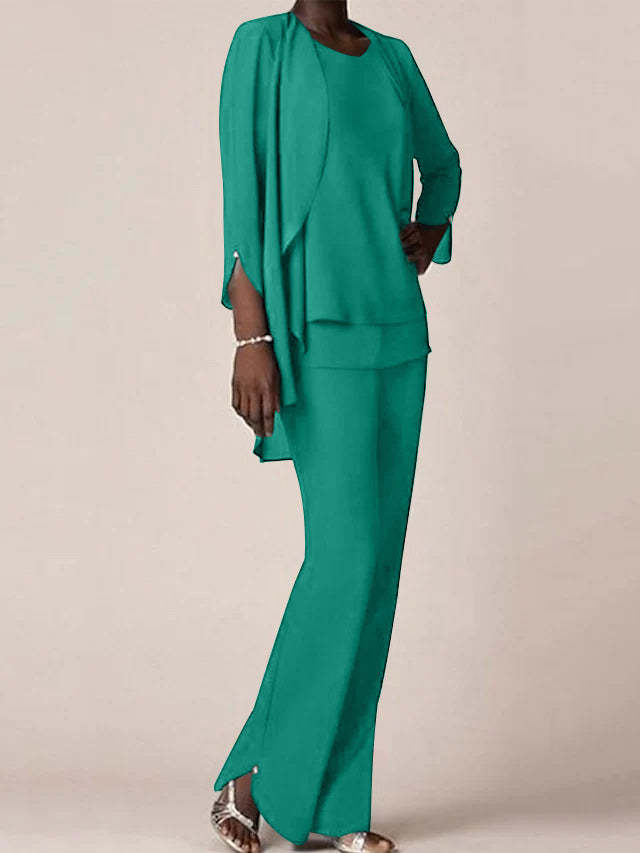 Floor-Length V-Neck Chiffon Pantsuit with Ruffles for the Mother of the Bride