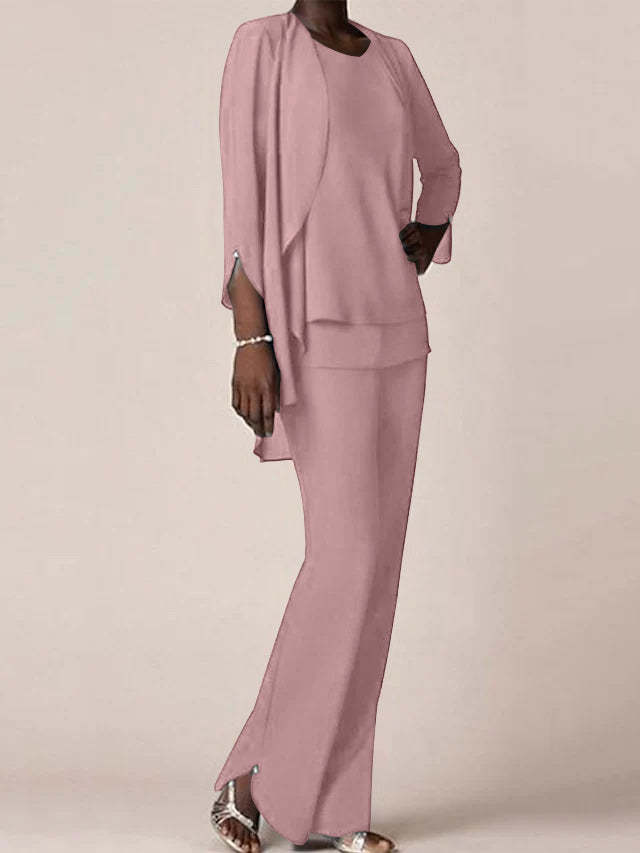 Floor-Length V-Neck Chiffon Pantsuit with Ruffles for the Mother of the Bride
