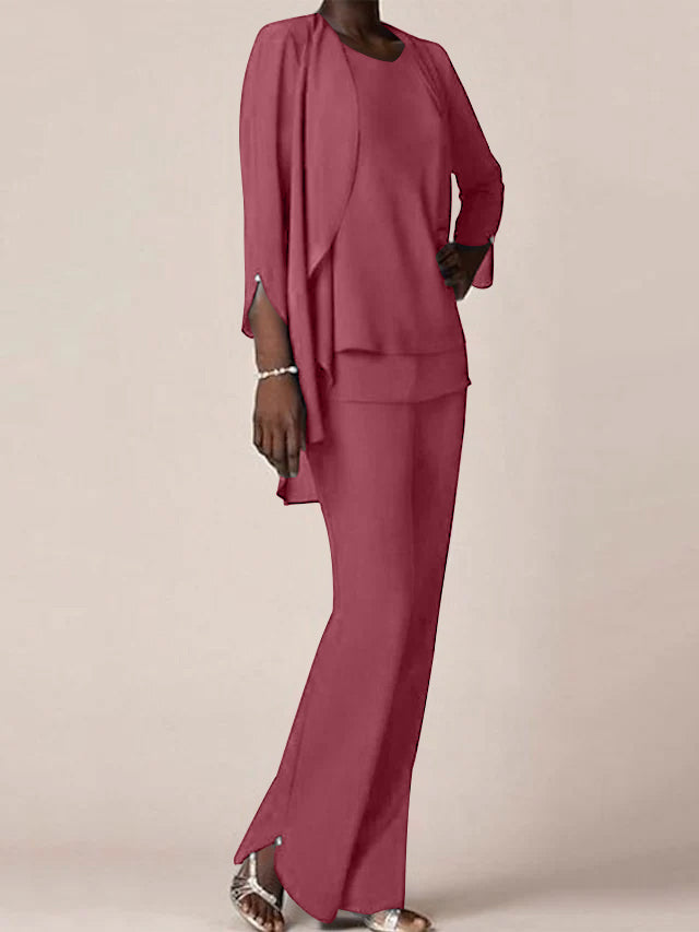 Floor-Length V-Neck Chiffon Pantsuit with Ruffles for the Mother of the Bride