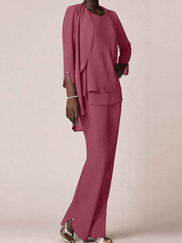 Floor-Length V-Neck Chiffon Pantsuit with Ruffles for the Mother of the Bride
