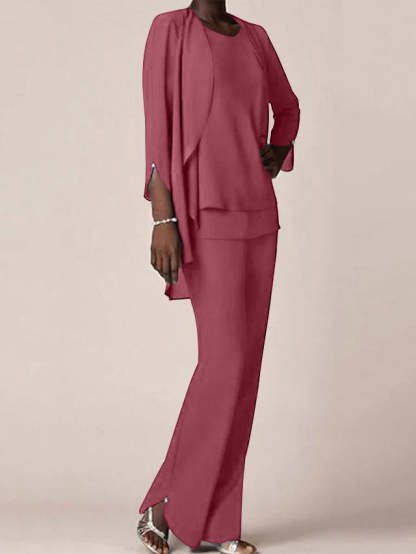 Floor-Length V-Neck Chiffon Pantsuit with Ruffles for the Mother of the Bride