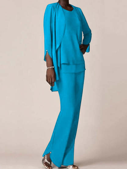 Floor-Length V-Neck Chiffon Pantsuit with Ruffles for the Mother of the Bride