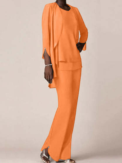 Floor-Length V-Neck Chiffon Pantsuit with Ruffles for the Mother of the Bride