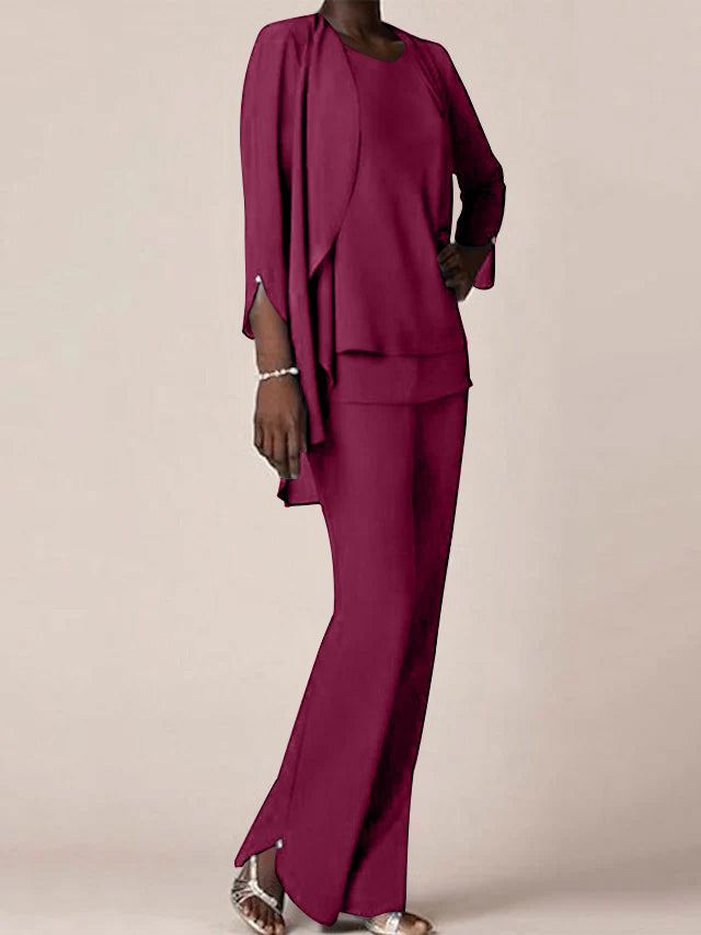 Floor-Length V-Neck Chiffon Pantsuit with Ruffles for the Mother of the Bride