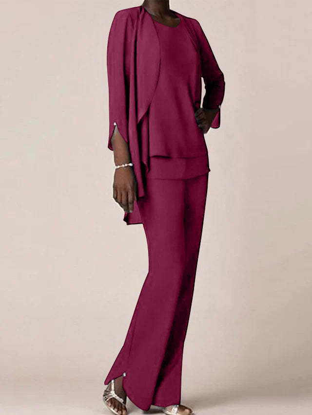 Floor-Length V-Neck Chiffon Pantsuit with Ruffles for the Mother of the Bride