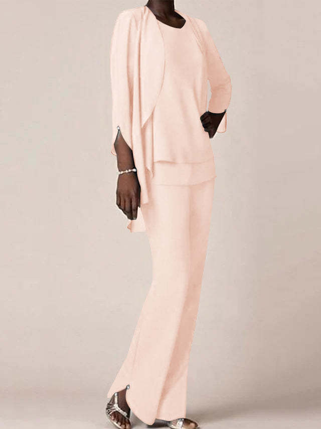 Floor-Length V-Neck Chiffon Pantsuit with Ruffles for the Mother of the Bride