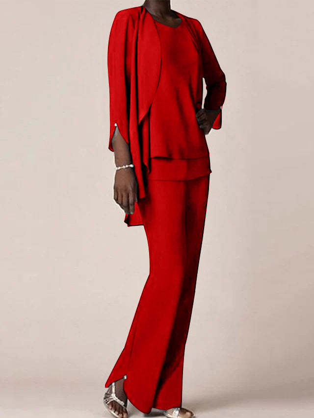 Floor-Length V-Neck Chiffon Pantsuit with Ruffles for the Mother of the Bride