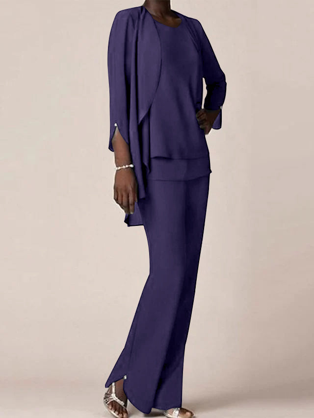 Floor-Length V-Neck Chiffon Pantsuit with Ruffles for the Mother of the Bride