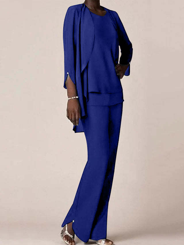 Floor-Length V-Neck Chiffon Pantsuit with Ruffles for the Mother of the Bride