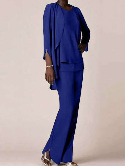 Floor-Length V-Neck Chiffon Pantsuit with Ruffles for the Mother of the Bride