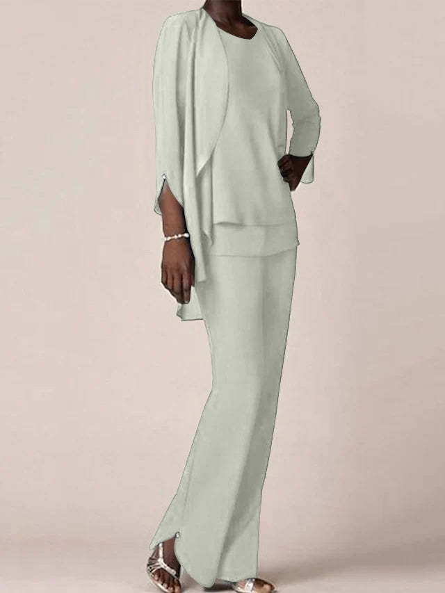 Floor-Length V-Neck Chiffon Pantsuit with Ruffles for the Mother of the Bride