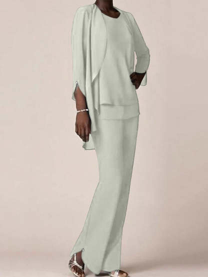 Floor-Length V-Neck Chiffon Pantsuit with Ruffles for the Mother of the Bride
