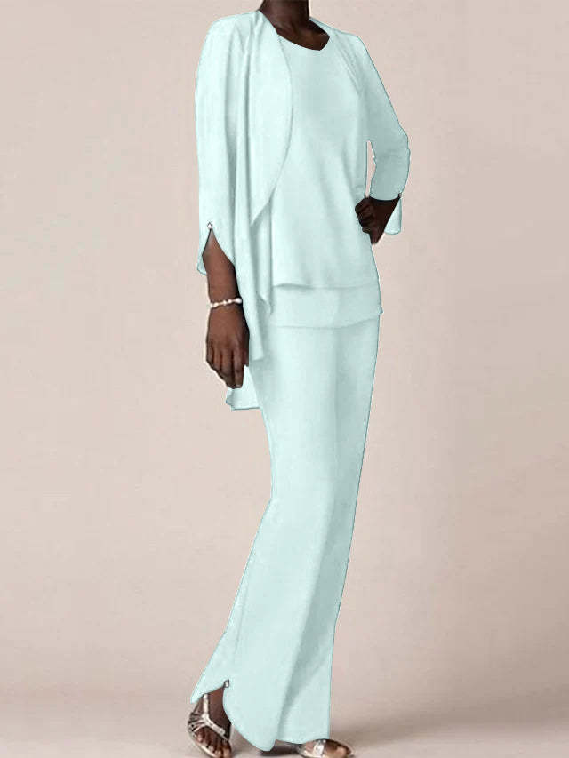 Floor-Length V-Neck Chiffon Pantsuit with Ruffles for the Mother of the Bride