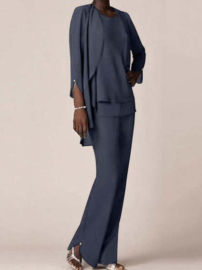 Floor-Length V-Neck Chiffon Pantsuit with Ruffles for the Mother of the Bride