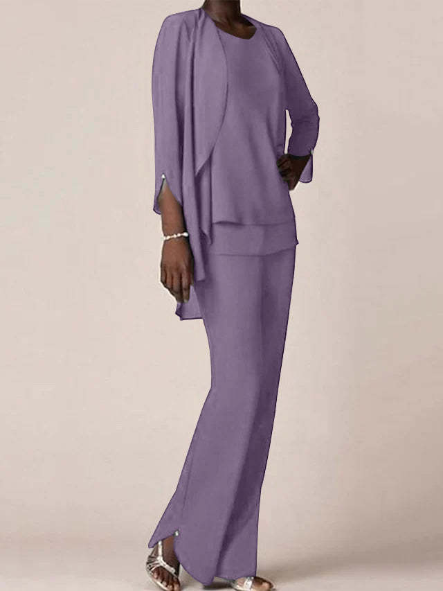Floor-Length V-Neck Chiffon Pantsuit with Ruffles for the Mother of the Bride