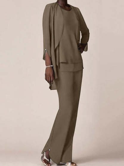 Floor-Length V-Neck Chiffon Pantsuit with Ruffles for the Mother of the Bride