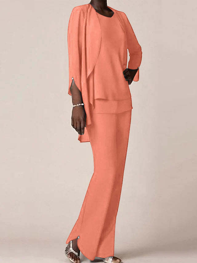 Floor-Length V-Neck Chiffon Pantsuit with Ruffles for the Mother of the Bride
