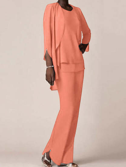 Floor-Length V-Neck Chiffon Pantsuit with Ruffles for the Mother of the Bride