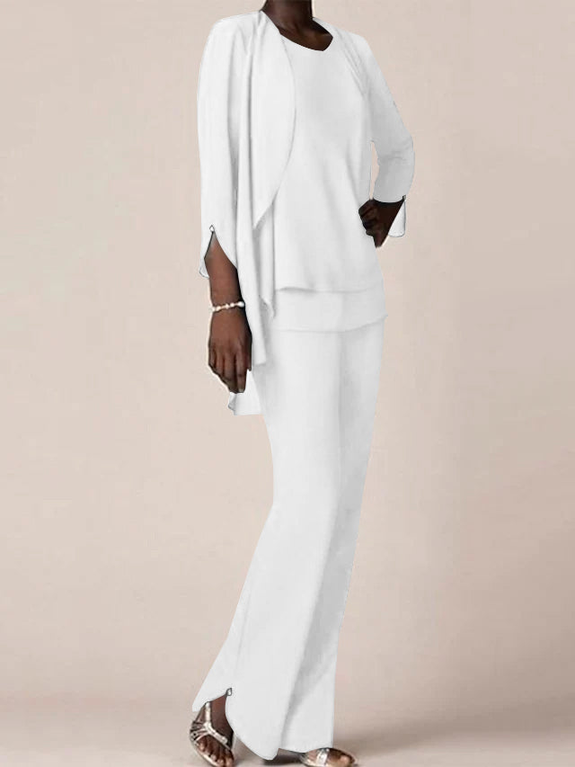 Floor-Length V-Neck Chiffon Pantsuit with Ruffles for the Mother of the Bride