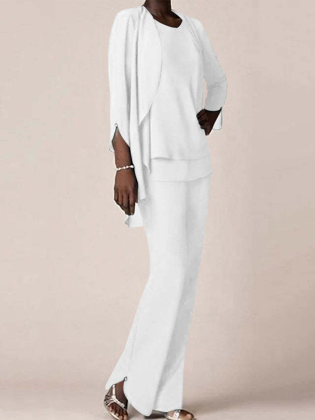 Floor-Length V-Neck Chiffon Pantsuit with Ruffles for the Mother of the Bride