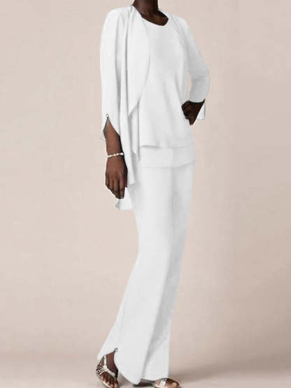 Floor-Length V-Neck Chiffon Pantsuit with Ruffles for the Mother of the Bride