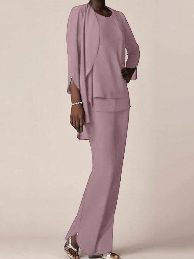 Floor-Length V-Neck Chiffon Pantsuit with Ruffles for the Mother of the Bride