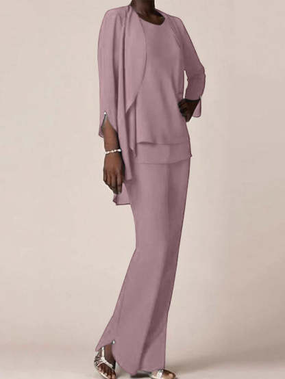 Floor-Length V-Neck Chiffon Pantsuit with Ruffles for the Mother of the Bride