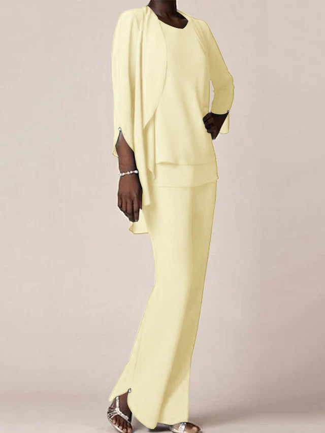 Floor-Length V-Neck Chiffon Pantsuit with Ruffles for the Mother of the Bride