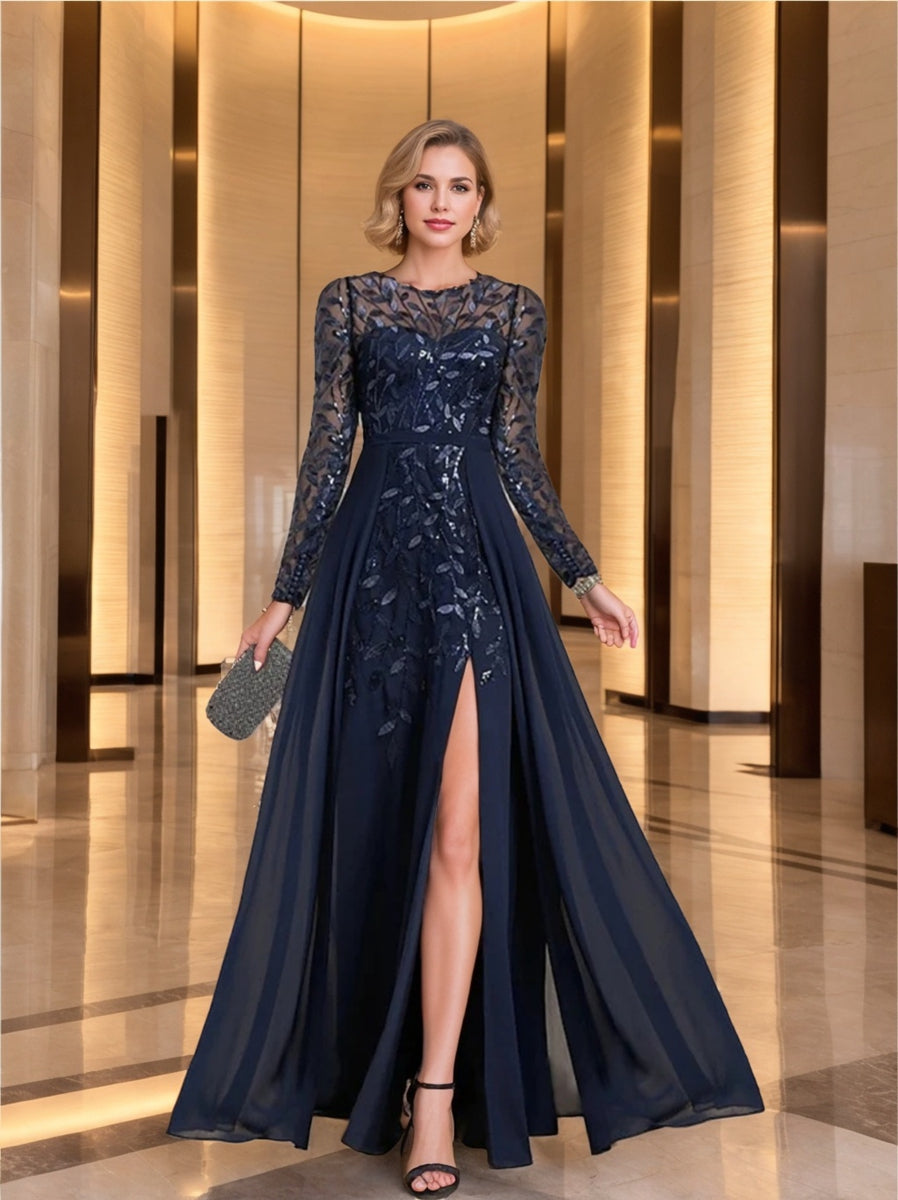 Floor-Length Mother of the Bride A-Line Dress with Scoop Neck Long Sleeves Side Split Ruffles & Sequins-BMbridal.UK