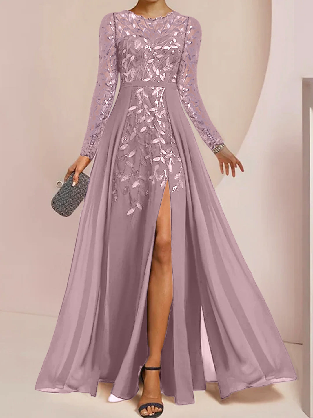 Floor-Length Mother of the Bride A-Line Dress with Scoop Neck Long Sleeves Side Split Ruffles & Sequins-BMbridal.UK