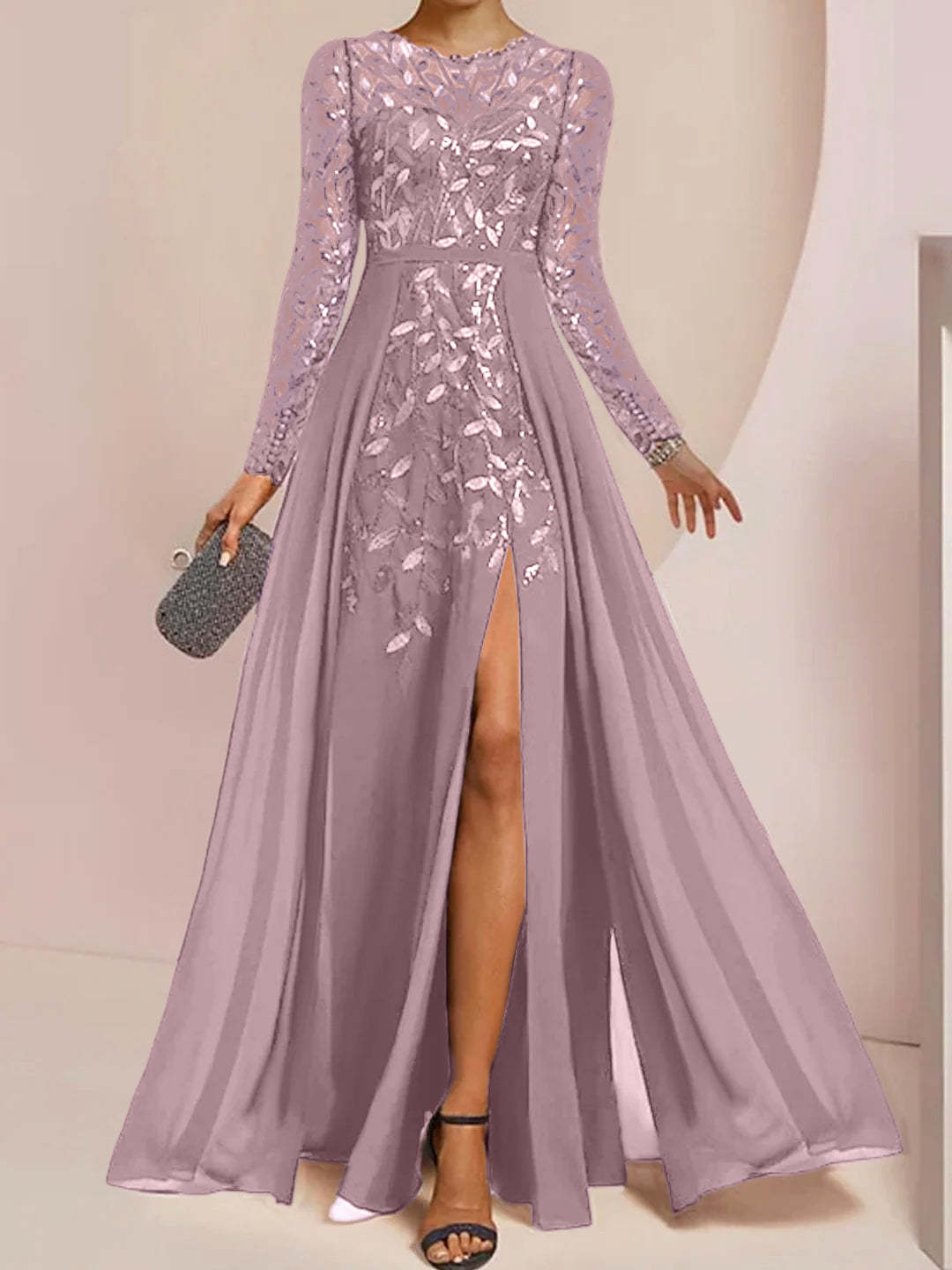 Floor-Length Mother of the Bride A-Line Dress with Scoop Neck Long Sleeves Side Split Ruffles & Sequins-BMbridal.UK
