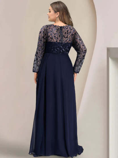 Plus Size Floor-Length Mother of the Bride A-Line Dress with Scoop Neck Long Sleeves Side Split Ruffles & Sequins-BMbridal.UK