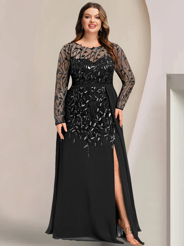 Plus Size Floor-Length Mother of the Bride A-Line Dress with Scoop Neck Long Sleeves Side Split Ruffles & Sequins-BMbridal.UK