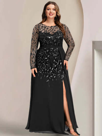 Plus Size Floor-Length Mother of the Bride A-Line Dress with Scoop Neck Long Sleeves Side Split Ruffles & Sequins-BMbridal.UK