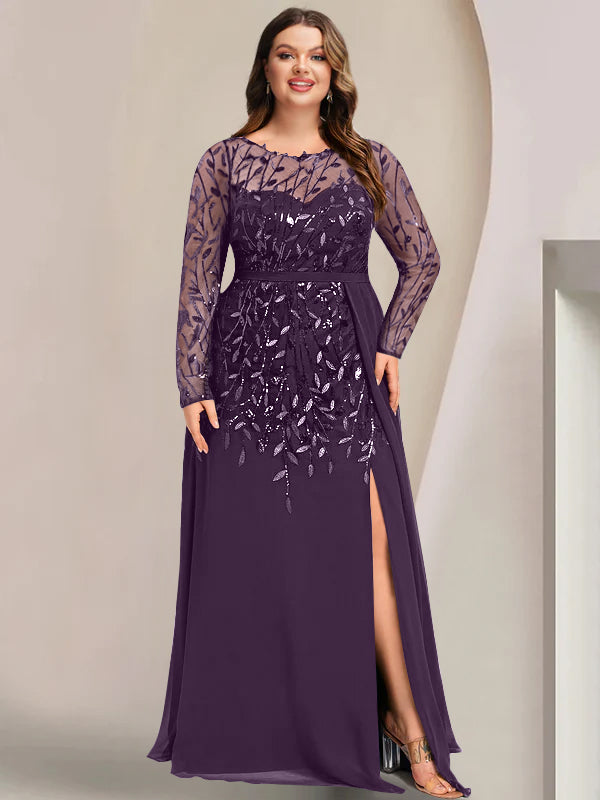 Plus Size Floor-Length Mother of the Bride A-Line Dress with Scoop Neck Long Sleeves Side Split Ruffles & Sequins-BMbridal.UK