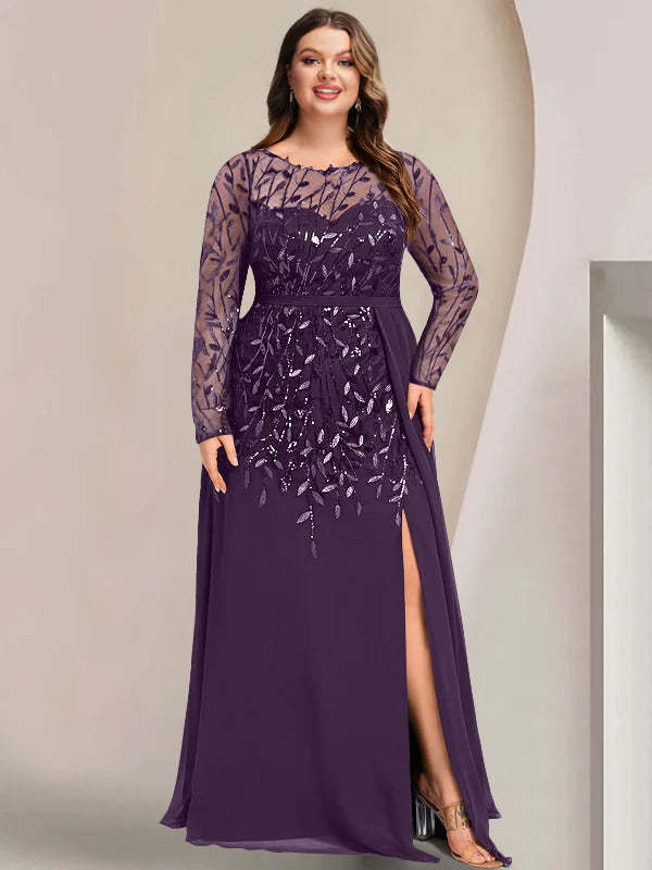 Plus Size Floor-Length Mother of the Bride A-Line Dress with Scoop Neck Long Sleeves Side Split Ruffles & Sequins-BMbridal.UK